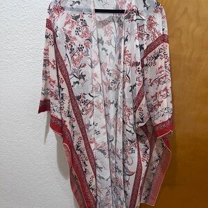 Lightweight Floral Kimono Cover-Up in Red & White
